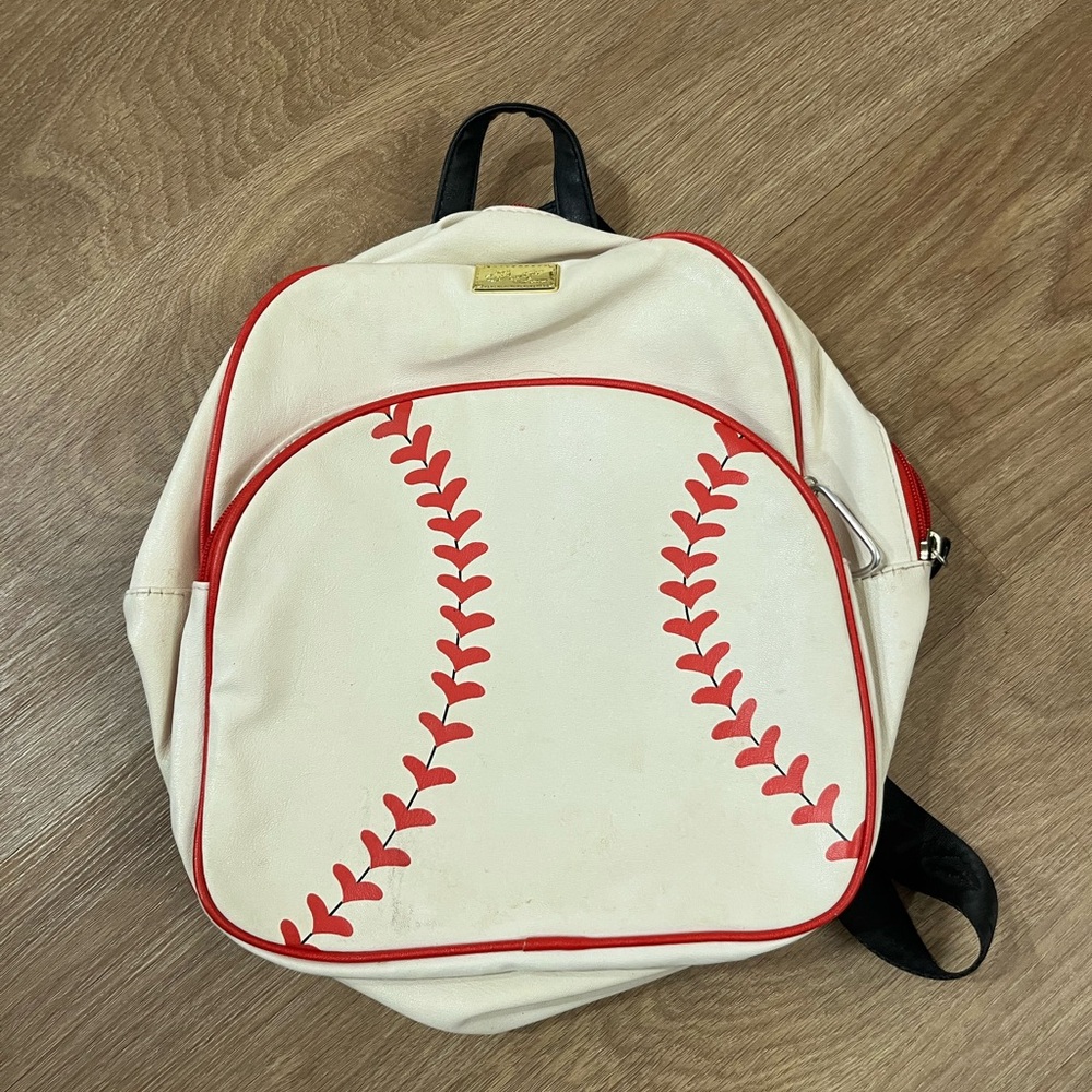 Betsy Johnson baseball white Mini Backpack with Red Trim and Gold Logo Plate